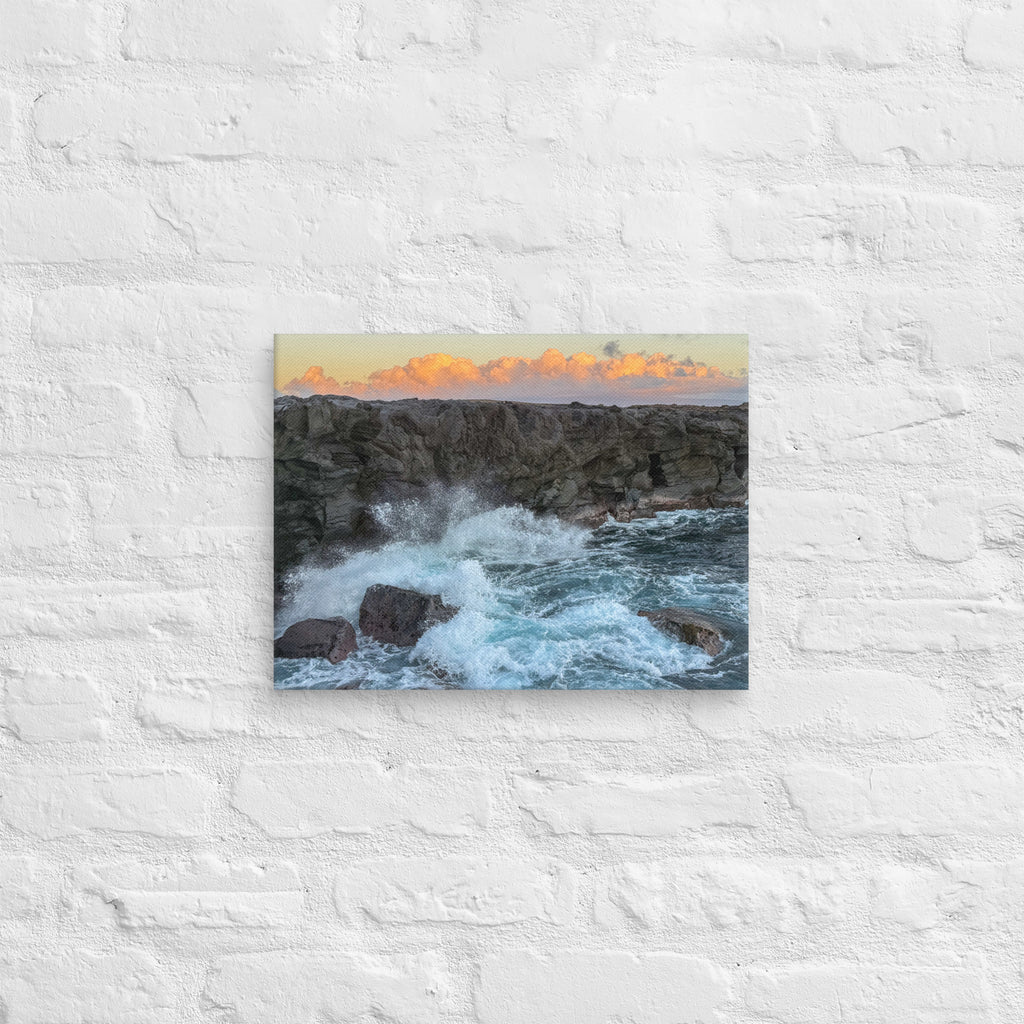 Dragon's Teeth sunset canvas print — waves crash against lava cliffs at Makaluapuna Point on Maui's Kapalua coast, dramatic Hawaiian coastal wall art"