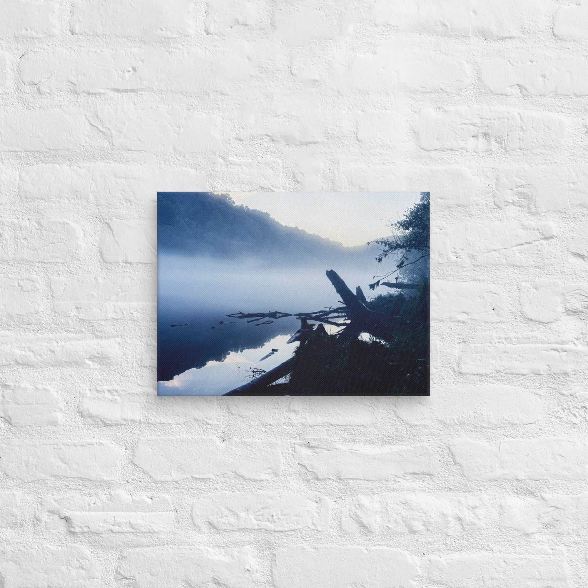 Morning mist over a still river at dawn — fine art moody landscape canvas print for modern minimalist bedrooms and contemplative spaces
