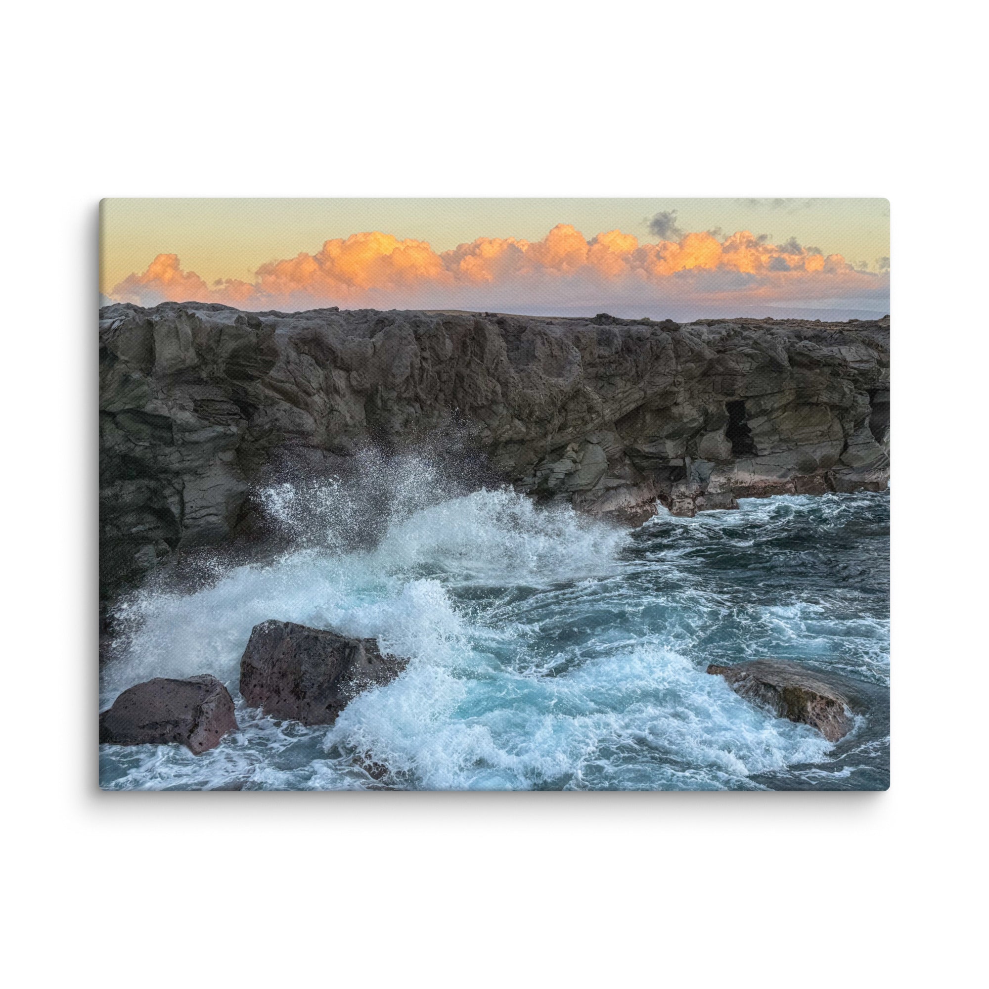 Dragon's Teeth sunset canvas print — waves crash against lava cliffs at Makaluapuna Point on Maui's Kapalua coast, dramatic Hawaiian coastal wall art"