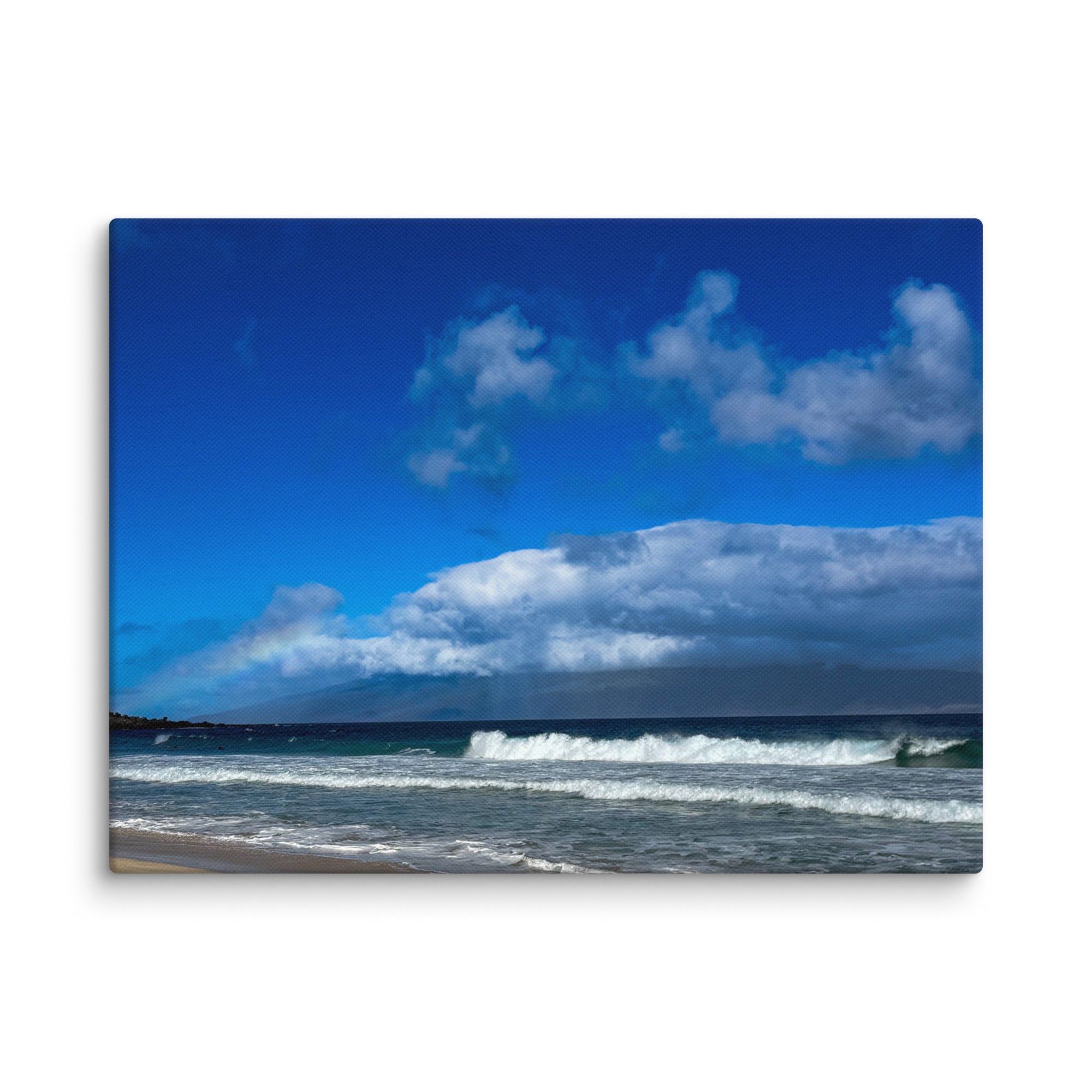 Oneloa Beach canvas print — soft rainbow over Lana'i with waves rolling onto Kapalua sand, Hawaii coastal wall art