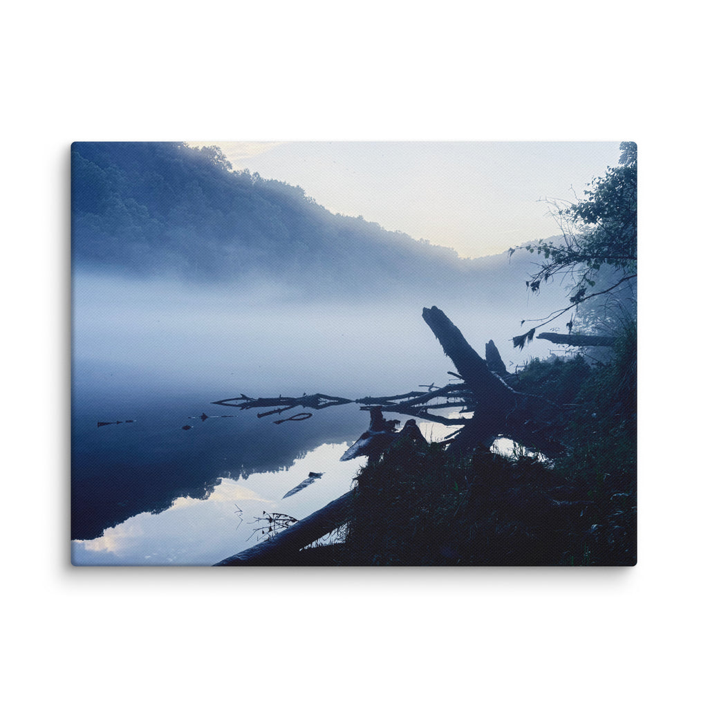Morning mist over a still river at dawn — fine art moody landscape canvas print for modern minimalist bedrooms and contemplative spaces