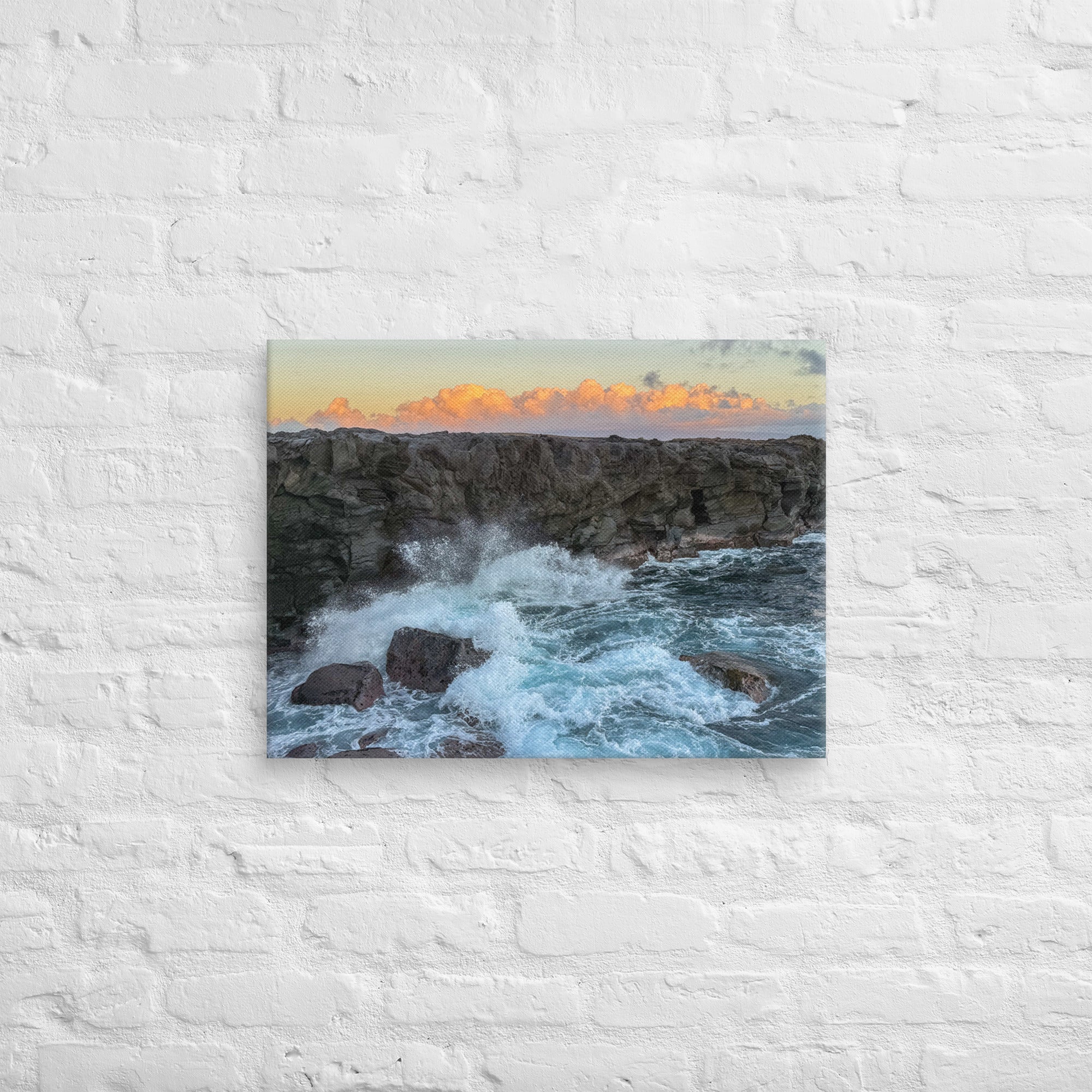 Dragon's Teeth sunset canvas print — waves crash against lava cliffs at Makaluapuna Point on Maui's Kapalua coast, dramatic Hawaiian coastal wall art"