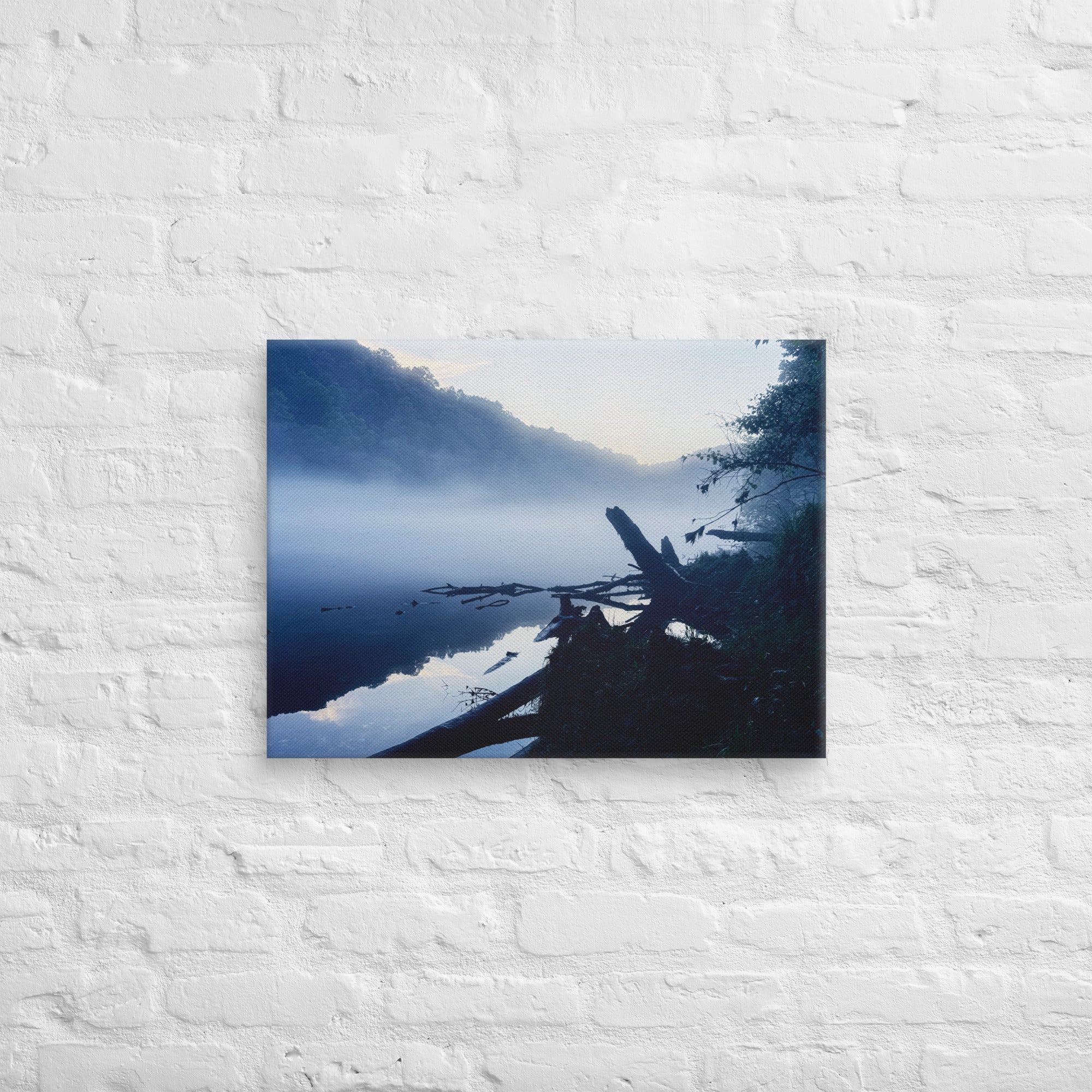 Morning mist over a still river at dawn — fine art moody landscape canvas print for modern minimalist bedrooms and contemplative spaces