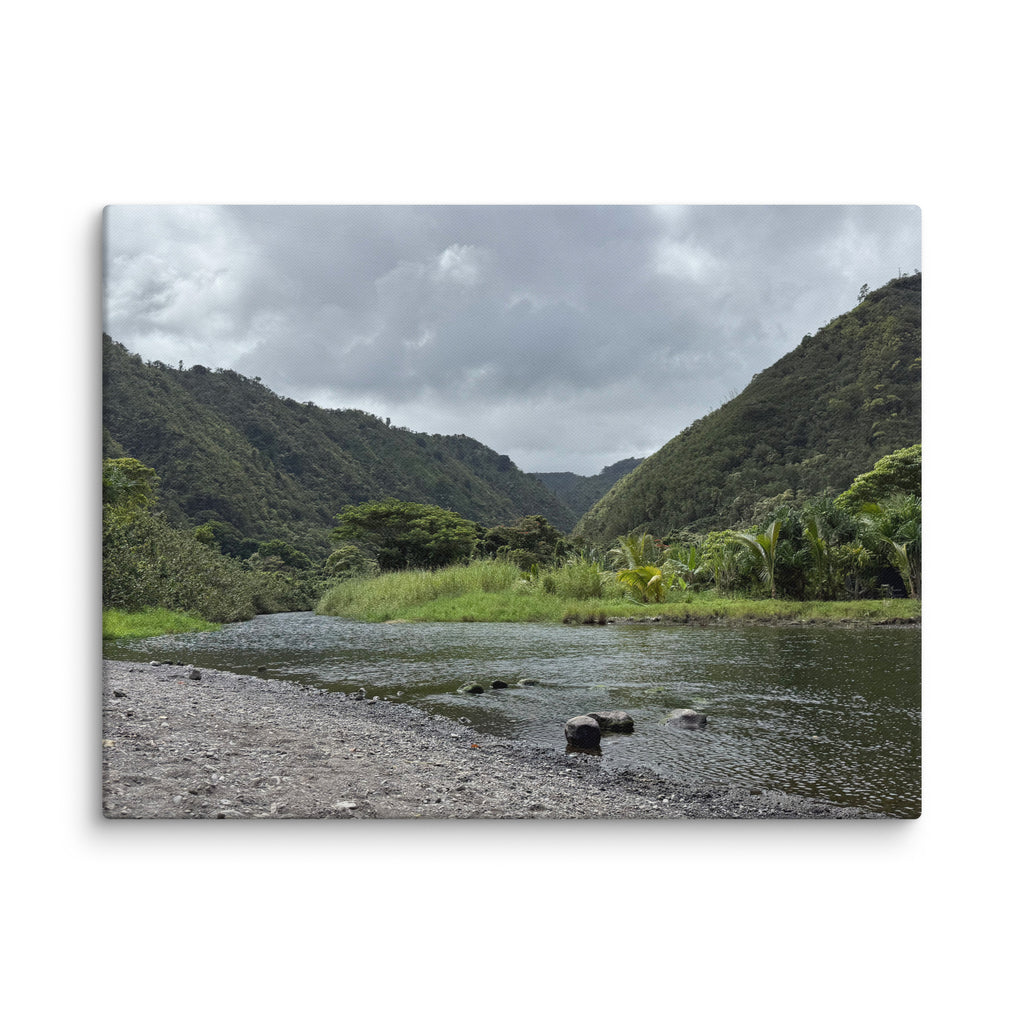 Honomanū Valley canvas print — Maui jungle stream meeting the sea on the Road to Hana, Hawaii landscape wall art