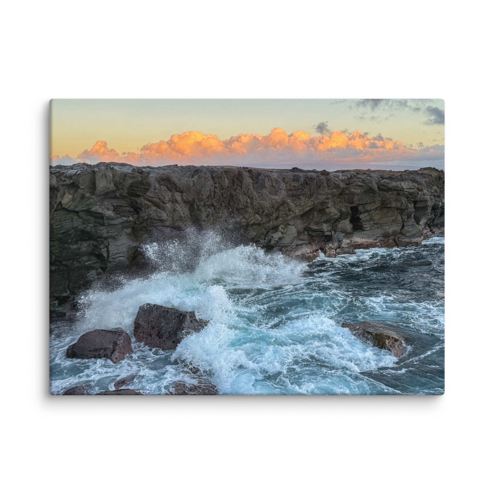 Dragon's Teeth sunset canvas print — waves crash against lava cliffs at Makaluapuna Point on Maui's Kapalua coast, dramatic Hawaiian coastal wall art"