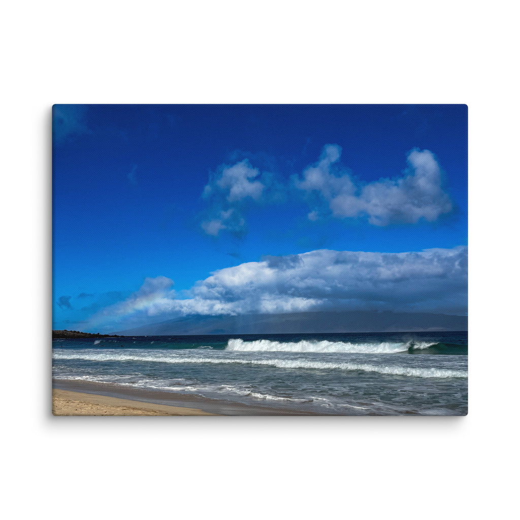Oneloa Beach canvas print — soft rainbow over Lana'i with waves rolling onto Kapalua sand, Hawaii coastal wall art