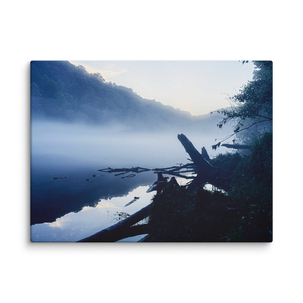 Morning mist over a still river at dawn — fine art moody landscape canvas print for modern minimalist bedrooms and contemplative spaces