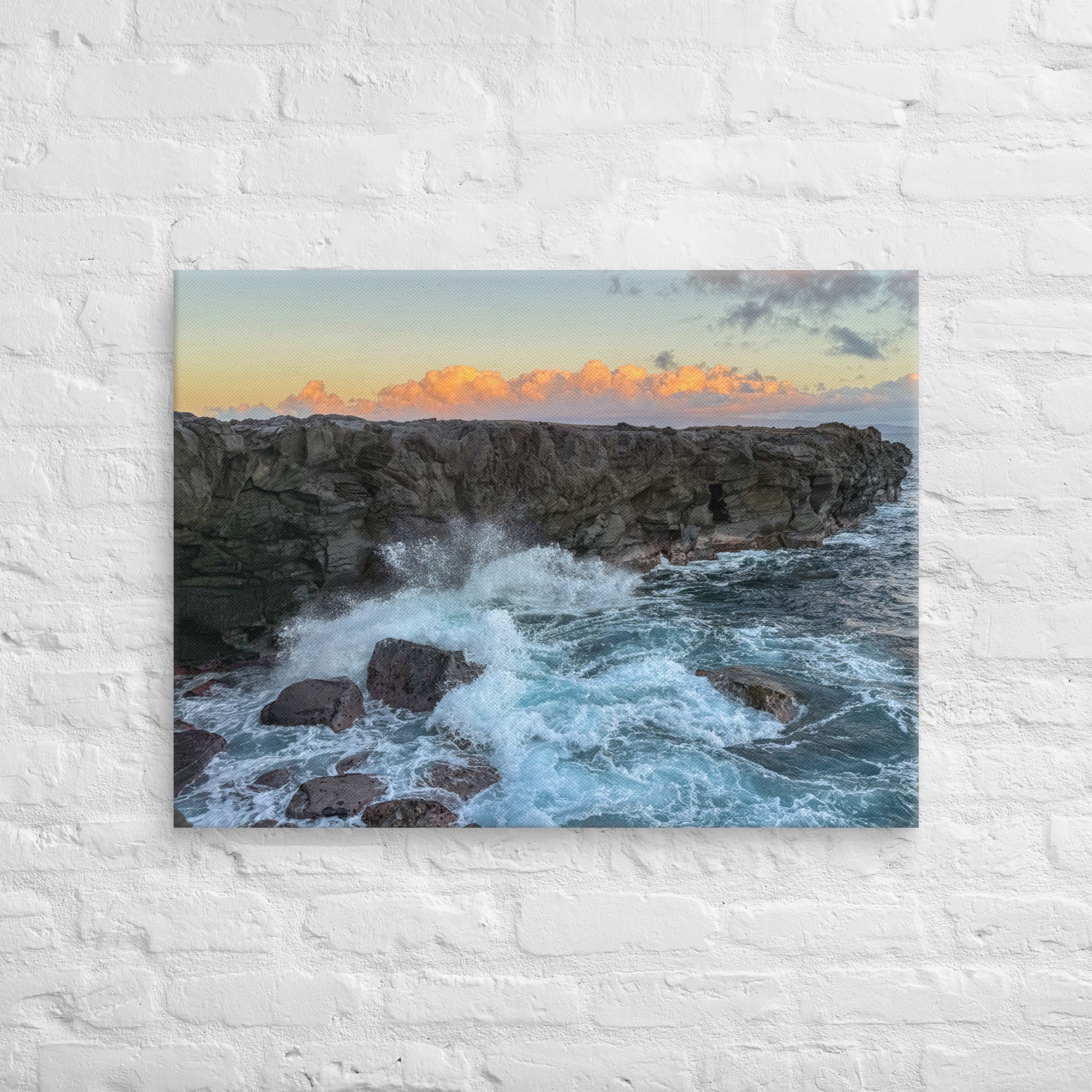 Dragon's Teeth sunset canvas print — waves crash against lava cliffs at Makaluapuna Point on Maui's Kapalua coast, dramatic Hawaiian coastal wall art"