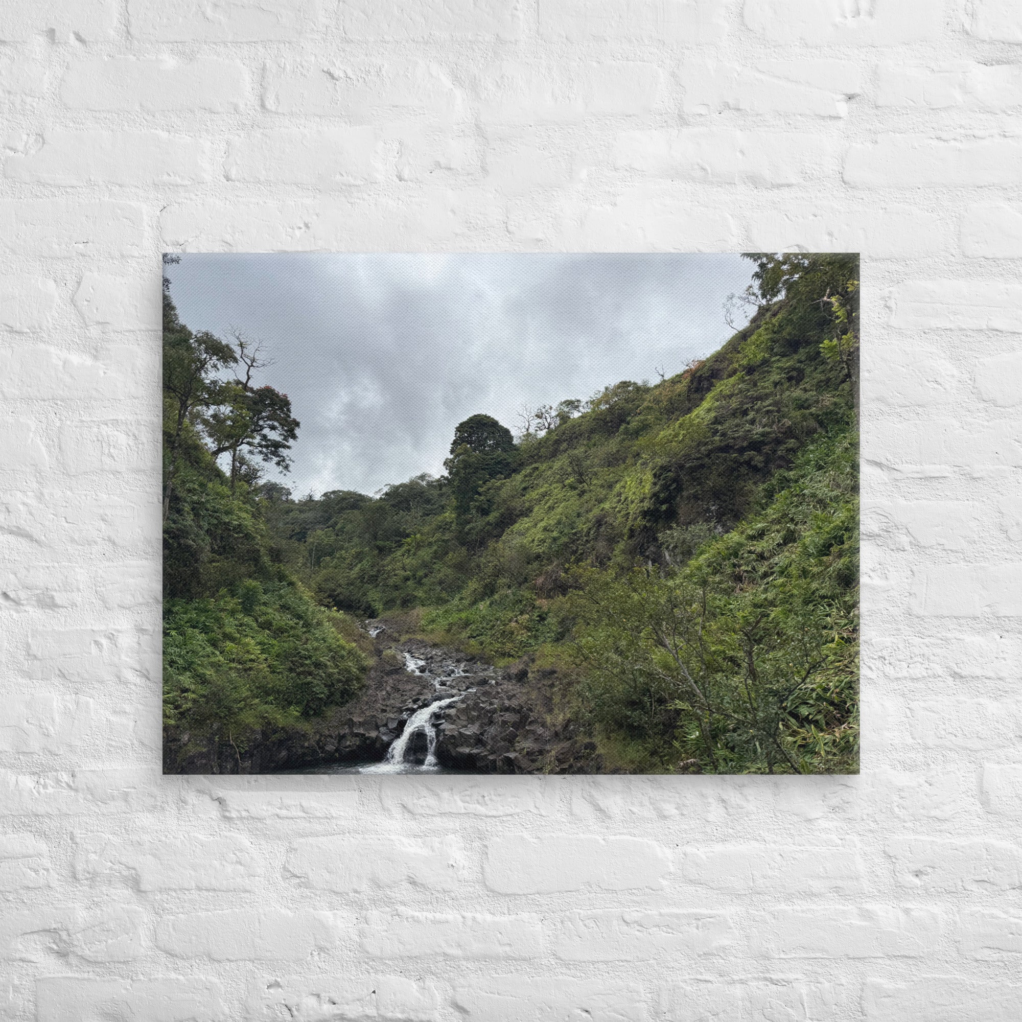 Road to Hana waterfall canvas print — small jungle waterfall along Maui's Hana Highway, Hawaii landscape wall art