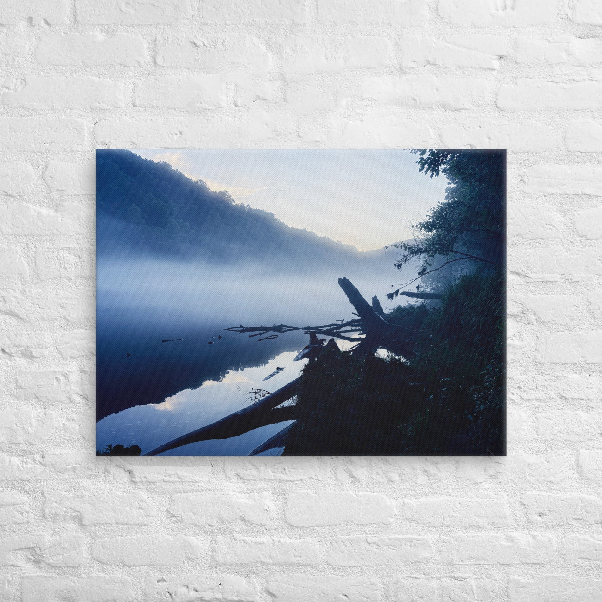 Morning mist over a still river at dawn — fine art moody landscape canvas print for modern minimalist bedrooms and contemplative spaces