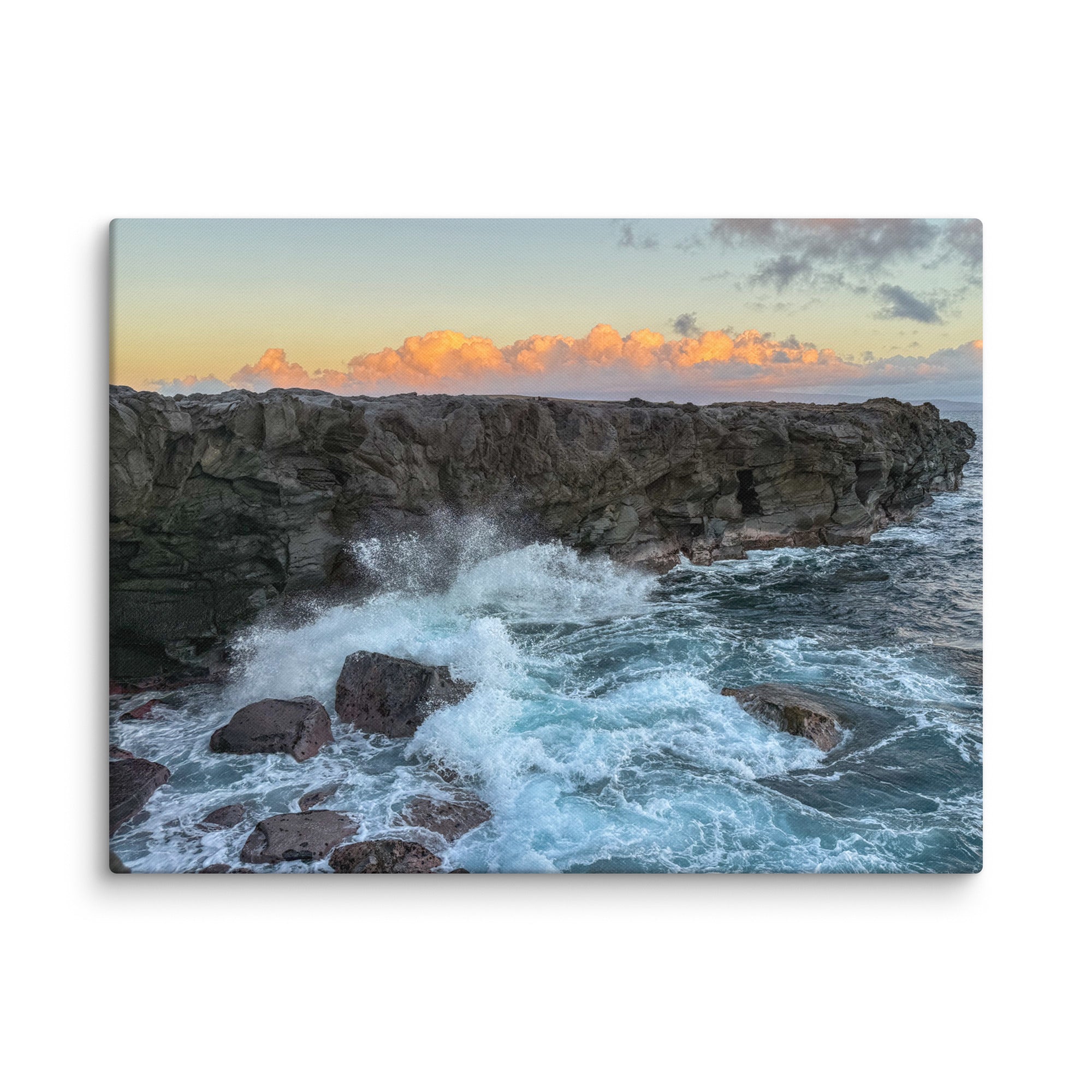 Dragon's Teeth sunset canvas print — waves crash against lava cliffs at Makaluapuna Point on Maui's Kapalua coast, dramatic Hawaiian coastal wall art"