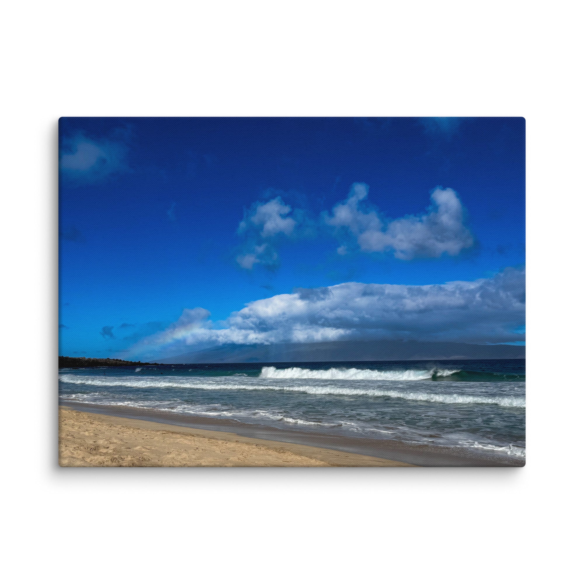 Oneloa Beach canvas print — soft rainbow over Lana'i with waves rolling onto Kapalua sand, Hawaii coastal wall art