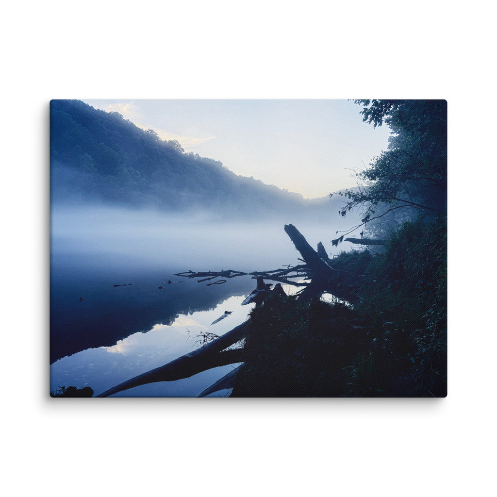 Morning mist over a still river at dawn — fine art moody landscape canvas print for modern minimalist bedrooms and contemplative spaces