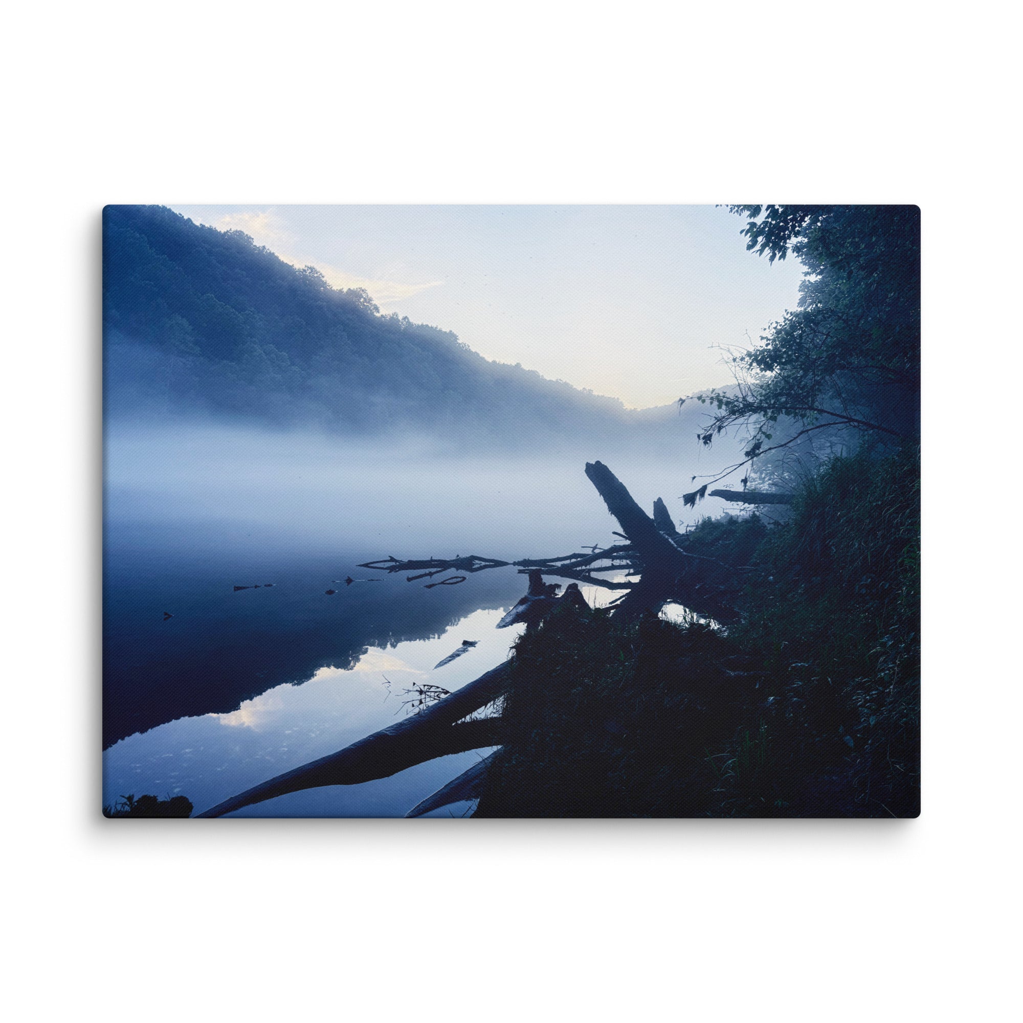 Morning mist over a still river at dawn — fine art moody landscape canvas print for modern minimalist bedrooms and contemplative spaces