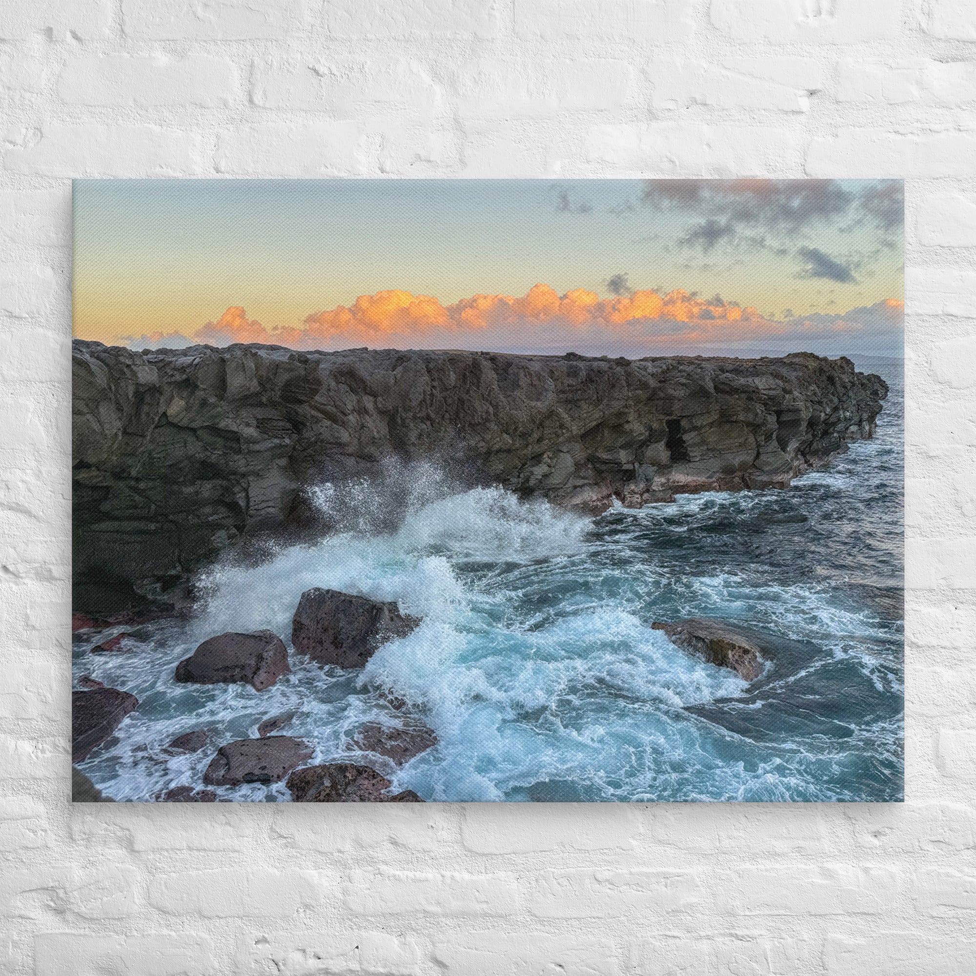 Dragon's Teeth sunset canvas print — waves crash against lava cliffs at Makaluapuna Point on Maui's Kapalua coast, dramatic Hawaiian coastal wall art"