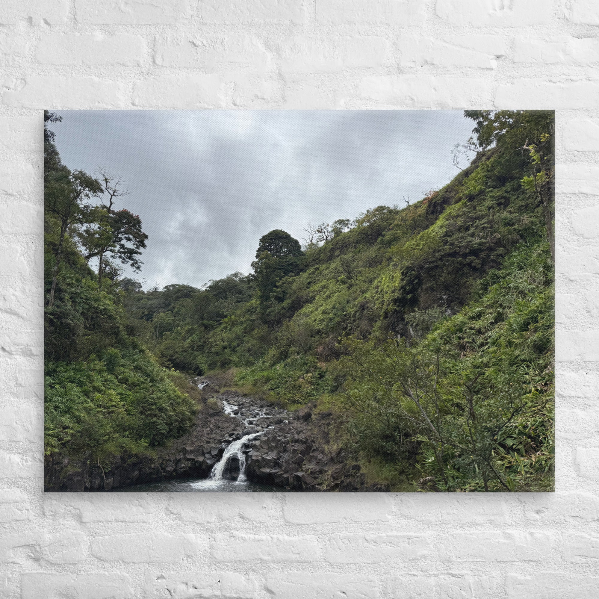 Road to Hana waterfall canvas print — small jungle waterfall along Maui's Hana Highway, Hawaii landscape wall art