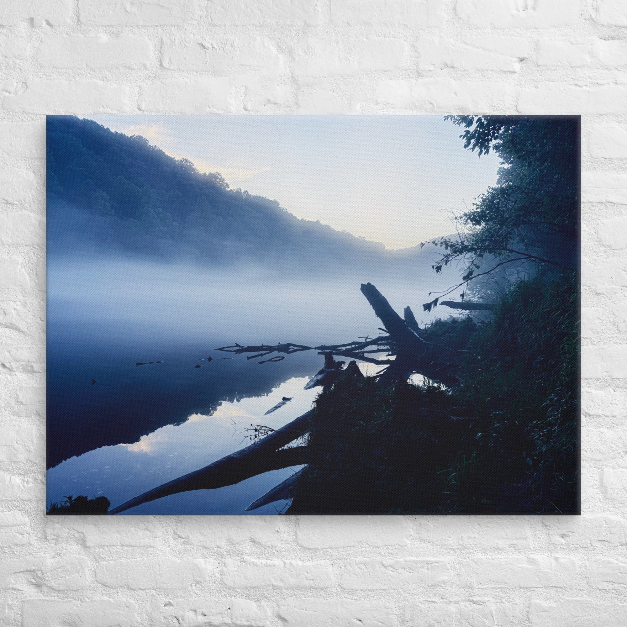 Morning mist over a still river at dawn — fine art moody landscape canvas print for modern minimalist bedrooms and contemplative spaces