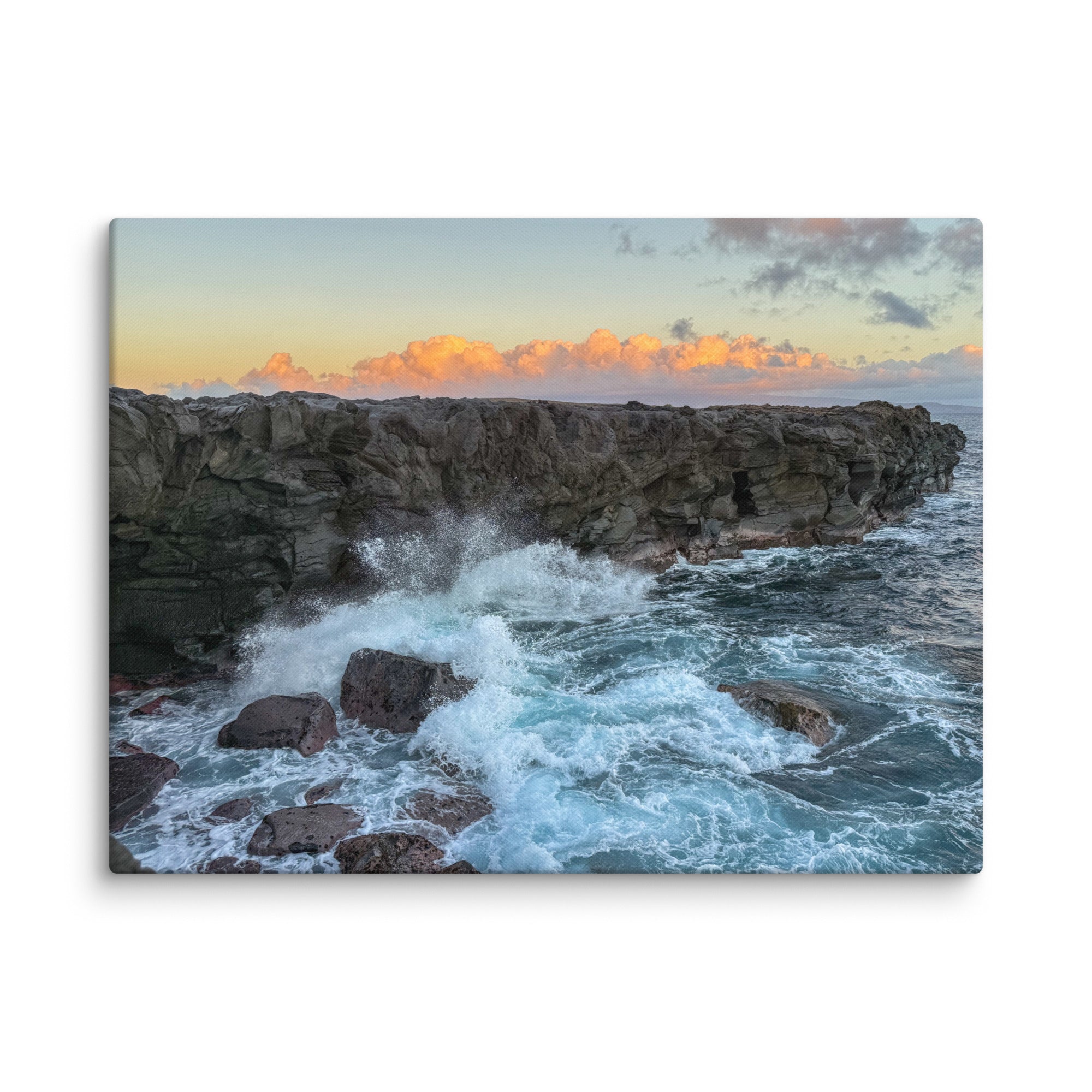 Dragon's Teeth sunset canvas print — waves crash against lava cliffs at Makaluapuna Point on Maui's Kapalua coast, dramatic Hawaiian coastal wall art"