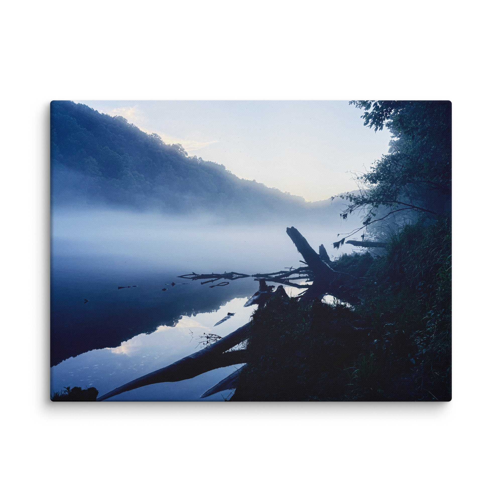 Morning mist over a still river at dawn — fine art moody landscape canvas print for modern minimalist bedrooms and contemplative spaces