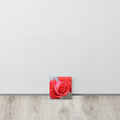 Coral pink rose canvas print with dewdrops on petals — soft floral wall art"