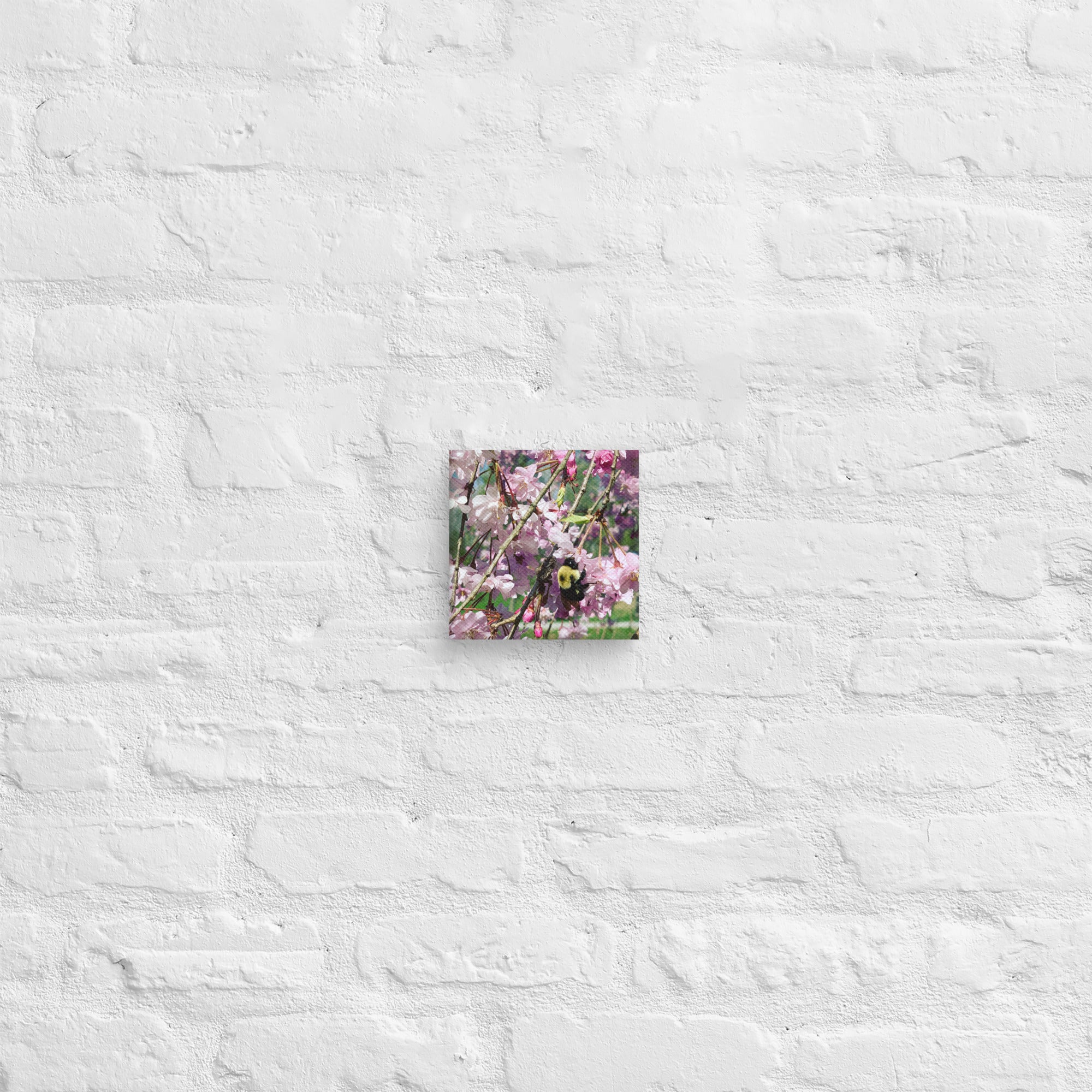 Product mockupCherry blossom canvas print with bumblebee — pink weeping cherry tree spring wall art