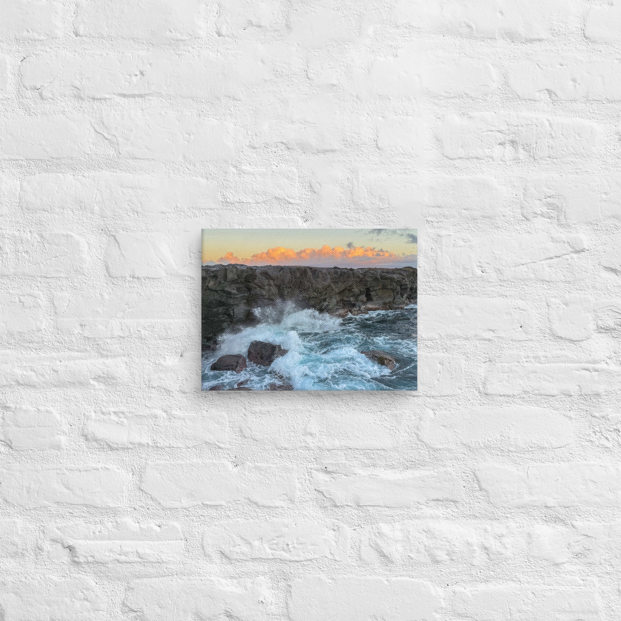 Dragon's Teeth sunset canvas print — waves crash against lava cliffs at Makaluapuna Point on Maui's Kapalua coast, dramatic Hawaiian coastal wall art"