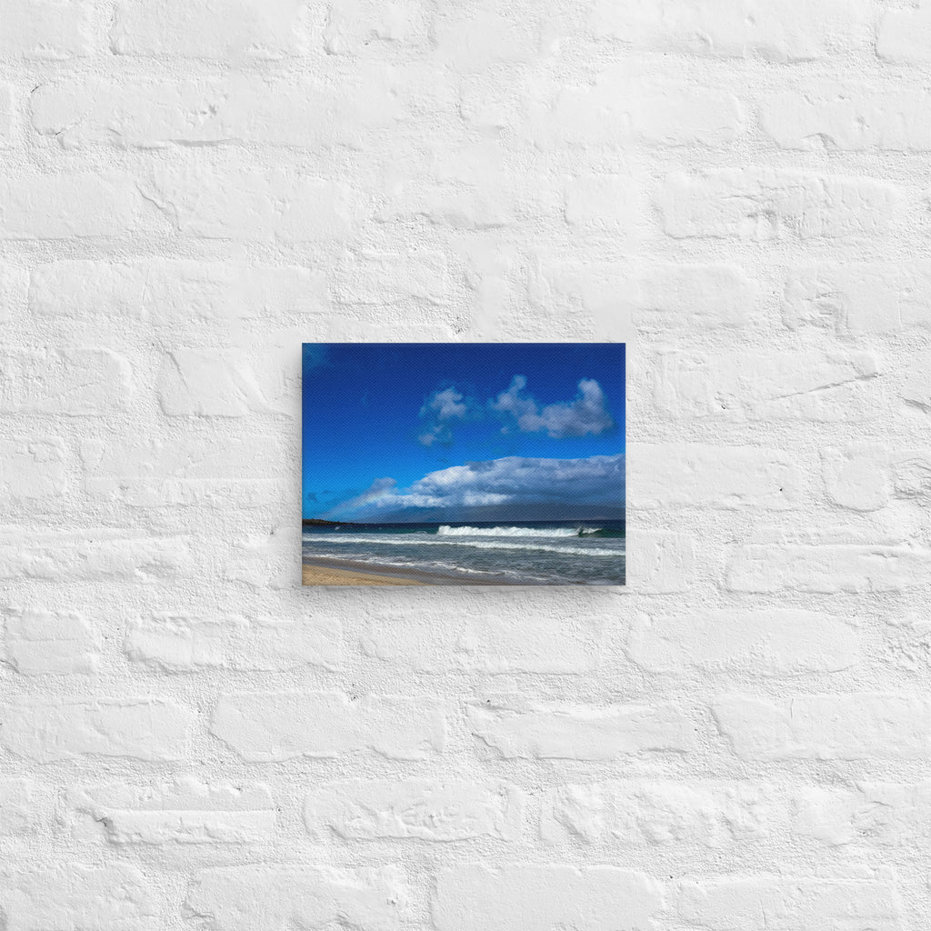 Oneloa Beach canvas print — soft rainbow over Lana'i with waves rolling onto Kapalua sand, Hawaii coastal wall art