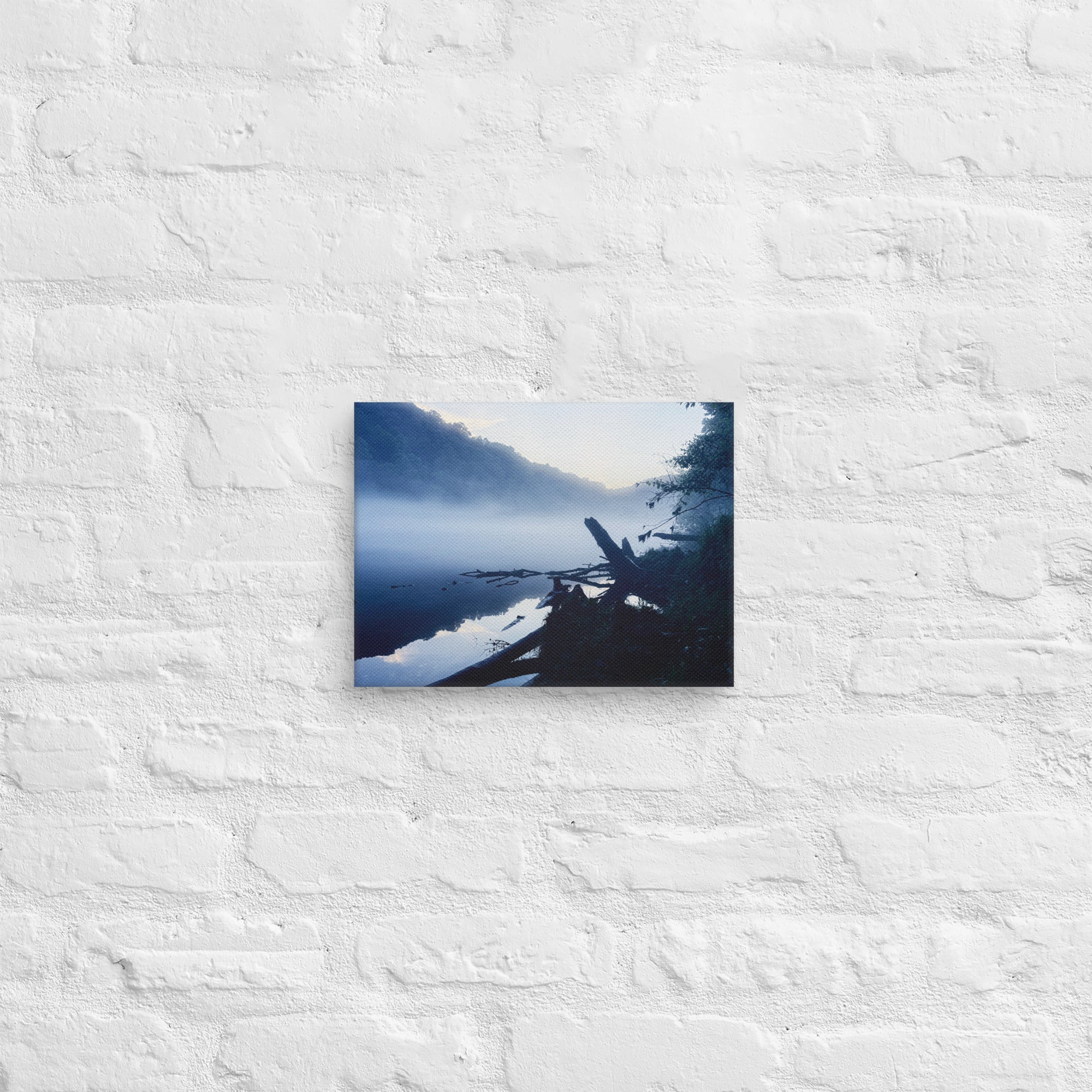 Morning mist over a still river at dawn — fine art moody landscape canvas print for modern minimalist bedrooms and contemplative spaces