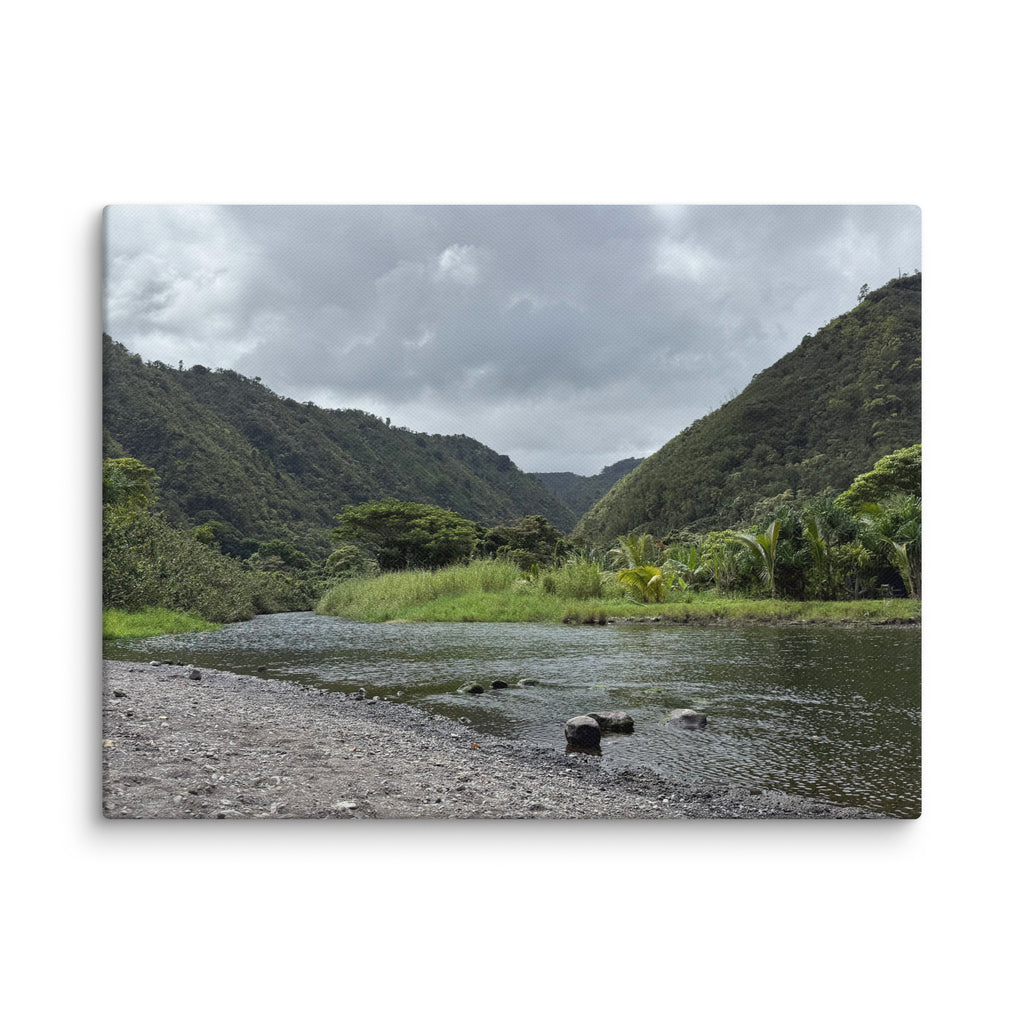 Honomanū Valley canvas print — Maui jungle stream meeting the sea on the Road to Hana, Hawaii landscape wall art