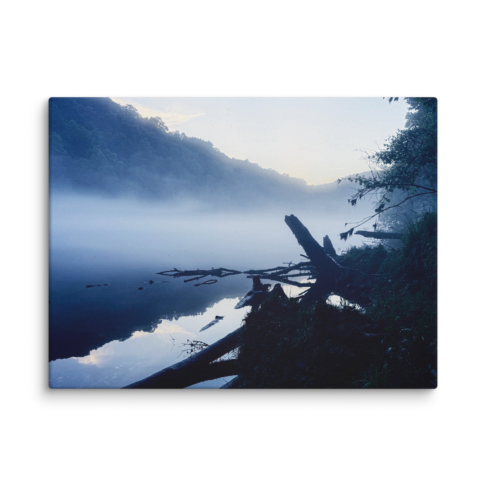 Morning mist over a still river at dawn — fine art moody landscape canvas print for modern minimalist bedrooms and contemplative spaces