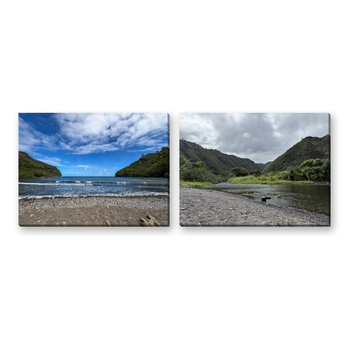 The Honomanū Diptych: two canvas prints of Honomanū Bay and Honomanū Valley on Maui's Road to Hana, shown side by side