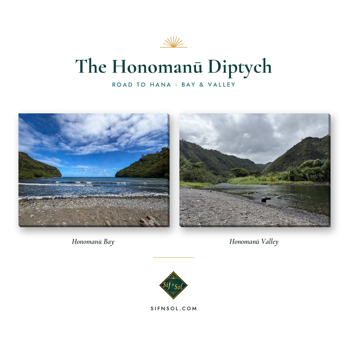 The Honomanū Diptych: two canvas prints of Honomanū Bay and Honomanū Valley on Maui's Road to Hana, shown side by side