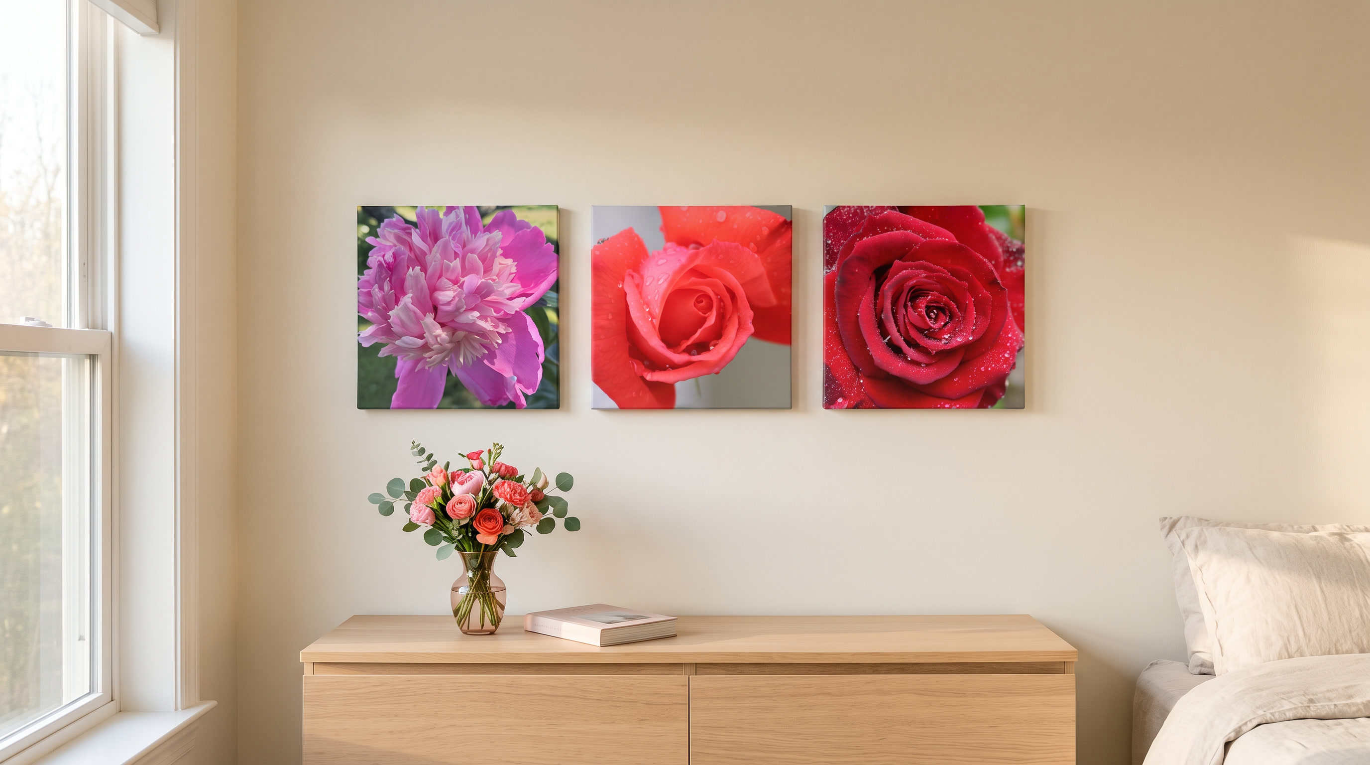 The Blush Garden Trio floral canvas prints above a bedroom dresser