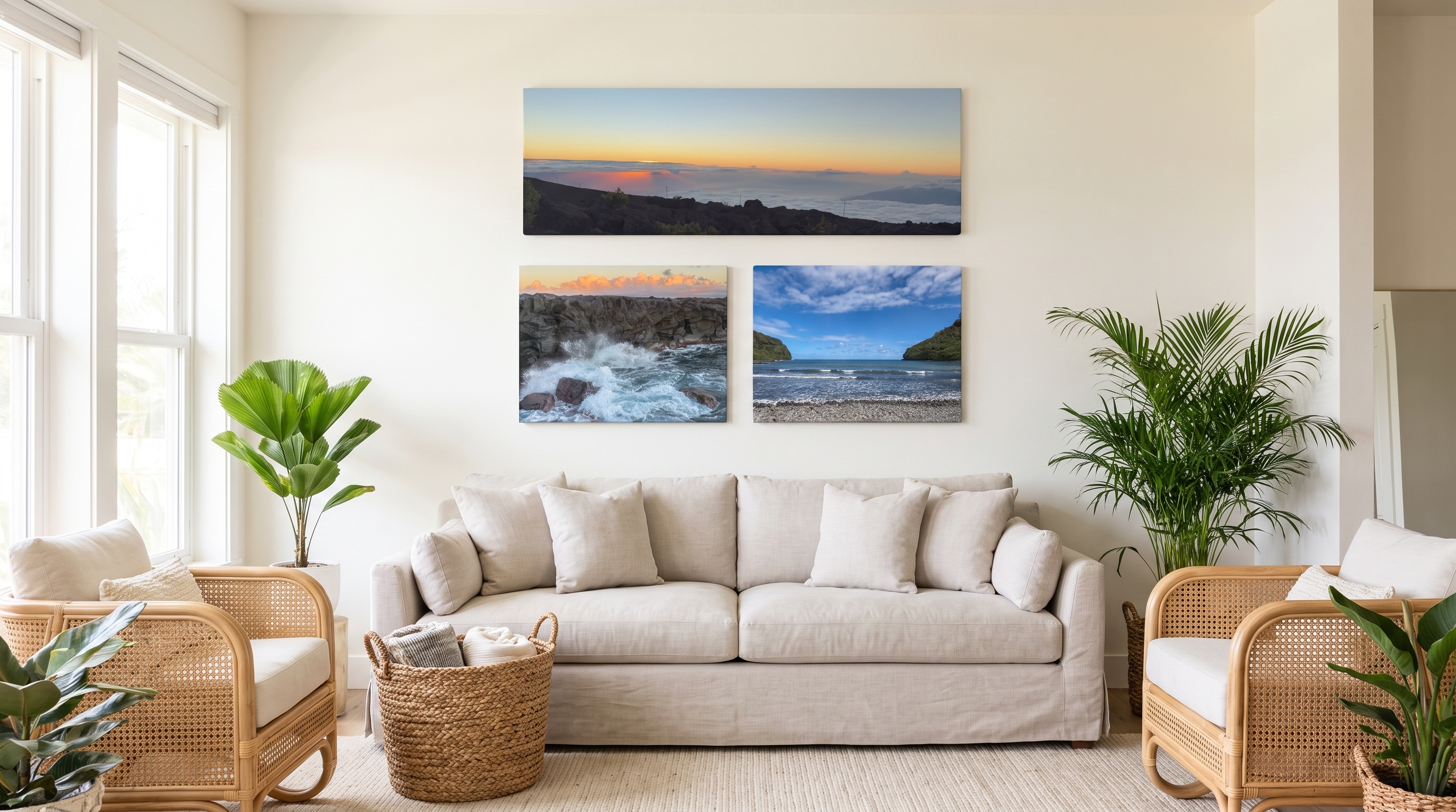 The Maui Trio canvas set hung as a gallery wall above a linen sofa in a coastal living room