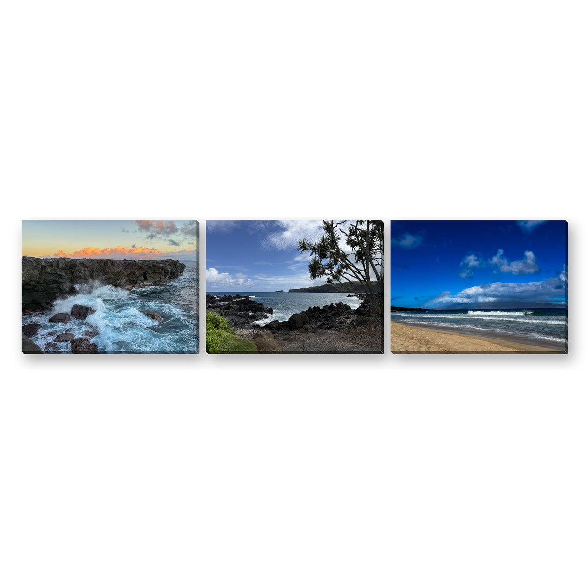 West Maui canvas print set of three: Dragon's Teeth at Sunrise, Dragon's Teeth Trail, and Oneloa Rainbow on the Kapalua coast