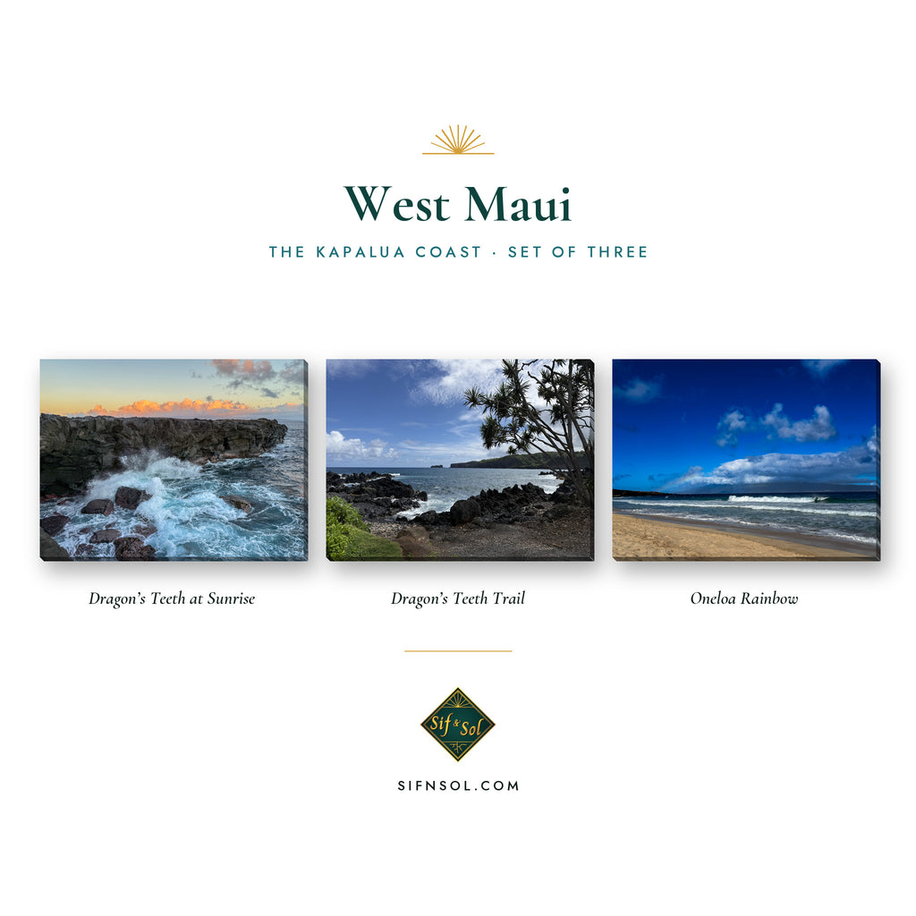 West Maui canvas print set of three: Dragon's Teeth at Sunrise, Dragon's Teeth Trail, and Oneloa Rainbow on the Kapalua coast
